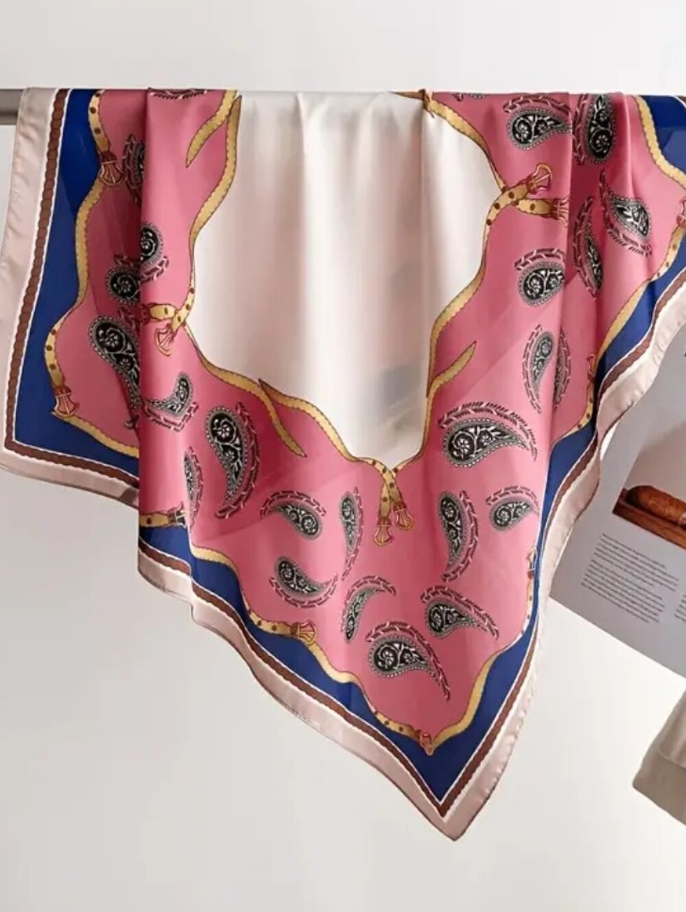 Silk-Feel Pink Paisley Square Scarf with Blue Border Head Scarf , Neck Scarf - Picture 2 of 3